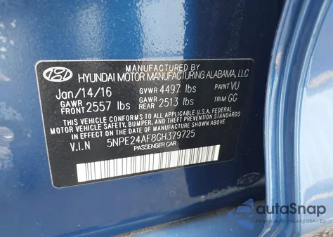 2016 Hyundai Sonata Se z USA, uszkodzony, nr VIN 5NPE24AF8GH379725